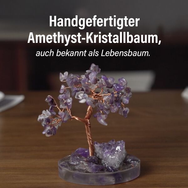 Handgefertigter Amethyst-Lebensbaum aus Heilsteinen, Gl&uuml;cksbaum mit Kupferdraht und Naturkristallen, ca. 12x12cm