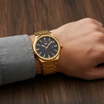 GENOA - Japanisches Uhrwerk, Schwarzes Sonnenschliff-Zifferblatt mit Balkenindexen, Edelstahl mit Faltschlie&szlig;e, Reiner Edelstahl, 20 cm, Goldfarben