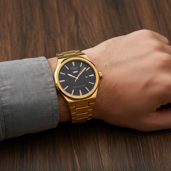 GENOA - Japanisches Uhrwerk, Schwarzes Sonnenschliff-Zifferblatt mit Balkenindexen, Edelstahl mit Faltschlie&szlig;e, Reiner Edelstahl, 20 cm, Goldfarben image number 3