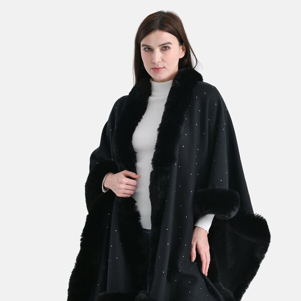 LA MAREY - Poncho mit Kunstfellbesatz und Kristall-Detail, Schwarz, Einheitsgröße image number 6