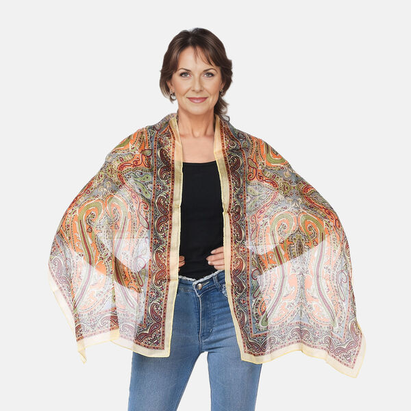 Bedruckter Satin-Seidenschal, 48x160cm, Cremefarben image number 3