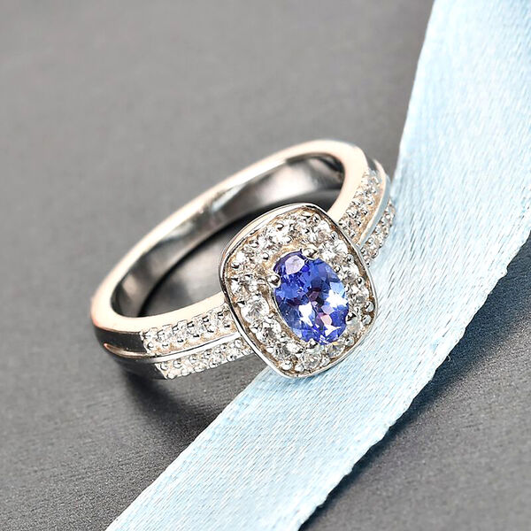 Tansanit und Zirkon Halo Ring 925 Silber Platin-&Uuml;berzug image number 2