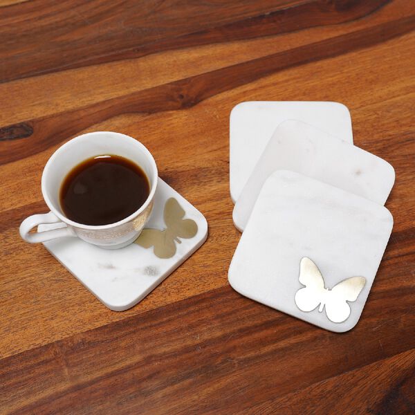 4er-Set, Marmor Untersetzer mit Messingintarsie, Schmetterling, Größe 10x10 cm, Weiß image number 2