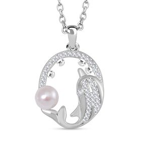 Weißer Süßwasserperle und Zirkonia-Anhänger mit 50+7cm Kette in Silberton