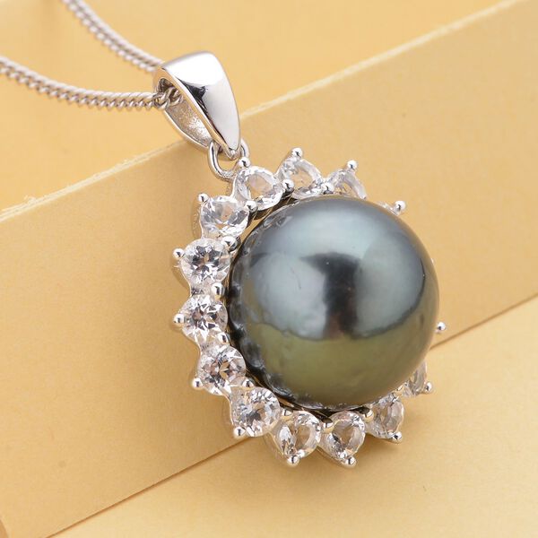 Tahiti Perle und weißer Topas-Anhänger mit Kette, 11-12mm, 925 Silber rhodiniert ca. 1.17 ct image number 3