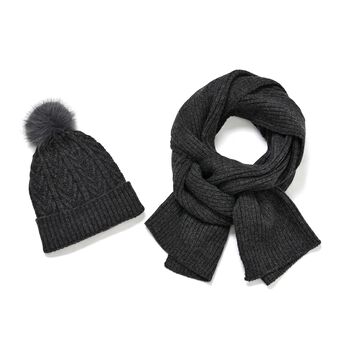  Scarf /hat

Material:22% polyester 26% nylon 52% Acrylic 
size : Hat: 20cmX21cm
Scarf: 185cmX30cm
weight:159 gColor:dark grey 