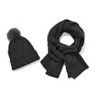 2er Set - Stylische Mütze und Schal, geripptes Beanie mit Bommel, dunkelgrau, (20x21 cm & 180x29 cm)