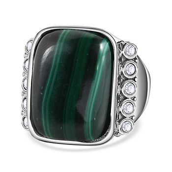 Malachit, Wei&szlig;er Zirkon Ring, Edelstahl (Gr&ouml;&szlig;e 16.00) ca. 19.32 ct