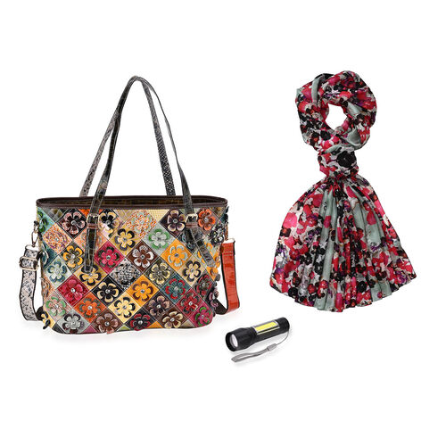 Chaos by Elsie Echtleder Crossbody Tasche im Blumenmuster mit RFID-Schutz und Mini-Taschenlampe und LA MAREY 100% Chiffon-Maulbeeren-Seidenschal image number 0