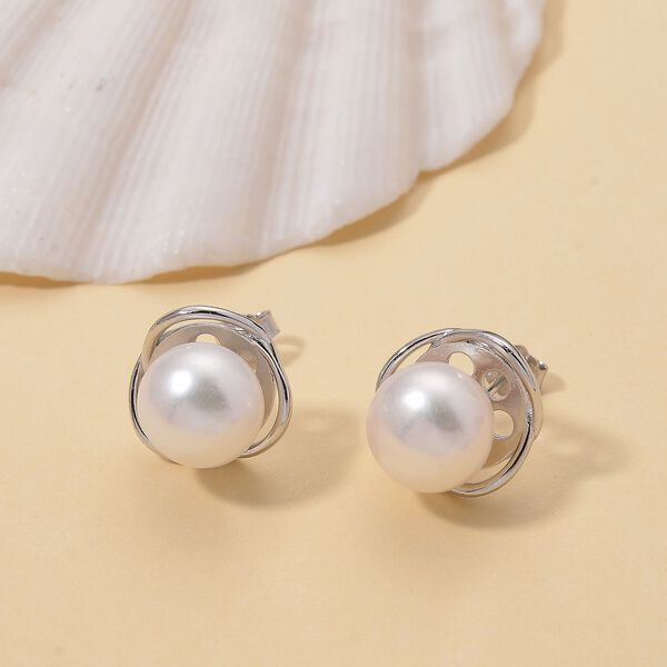 Wei&szlig;e S&uuml;&szlig;wasser Perle Ohrstecker, 925 Silber rhodiniert image number 1