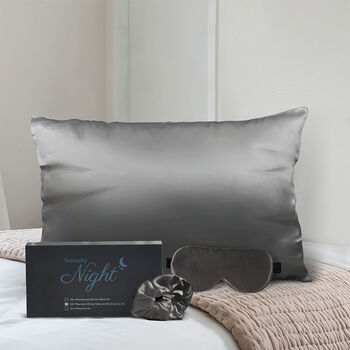 Serenity Night - Kissenbezug, Haargummi und Augenmaske aus 100% Maulbeerseide, 40x80 cm und 23,5x10,5 cm, schwarz, 3-teilig