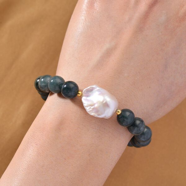 EXTREM SELTEN - Natürlicher Olmek Jadeit, Süßwasser Barockperle Armband, Flexibles, 925 Silber vergoldet image number 2