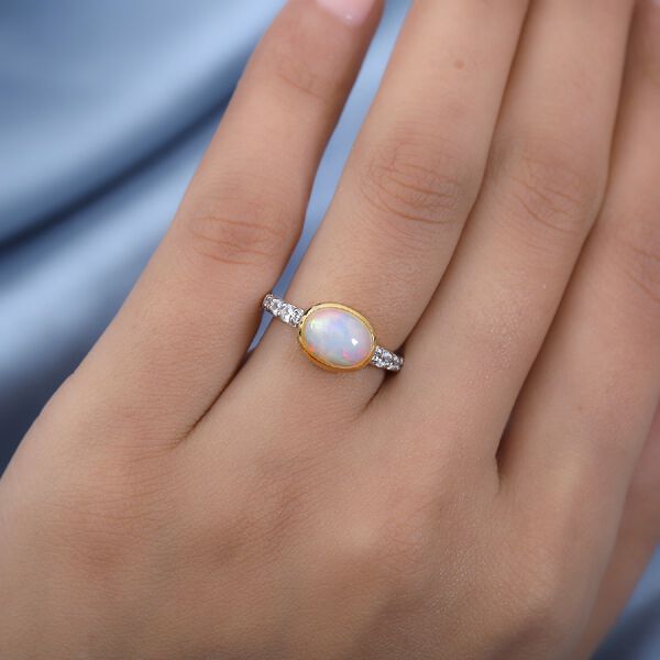 Natürlicher Äthiopischer Opal und Zirkon Solitär Ring 925 Silber 585 Vergoldet image number 3