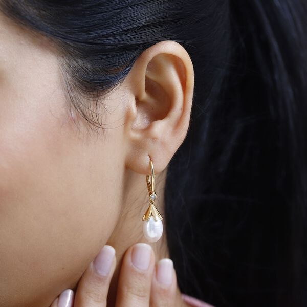 S&uuml;&szlig;wasser Perle, Wei&szlig;er Zirkon Ohrringe 925 Silber Gelbgold Vermeil ca. 0,10 ct. image number 3