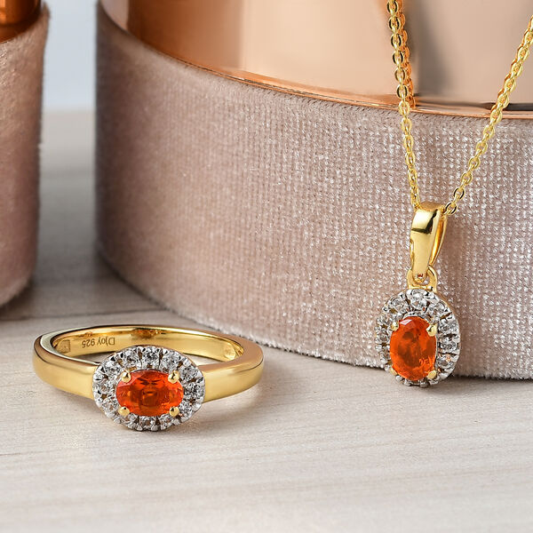 2er Set - D'Joy AAAA Blaze Feueropal Anhänger mit Kette und Ring, ca. 50 cm 925 Silber 750 Gelbgold Vermeil (Größe 19.00) ca. 1.36 ct image number 2