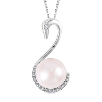 Wei&szlig;e Edison Perle, wei&szlig;er Zirkon Anh&auml;nger mit Kette, 925 Silber rhodiniert ca. 0.25 ct