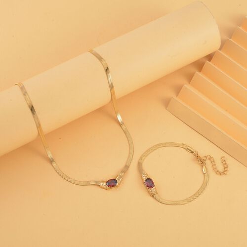 2-teiliges Schmuckset, Halskette und Armband mit Roter Kristallen, Edelstahl goldfarben image number 1