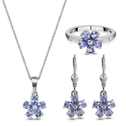 3er Set - Tansanit Ring, Anh&auml;nger mit Kette und Ohrringe, 925 Silber platiniert ca. 3.08 ct