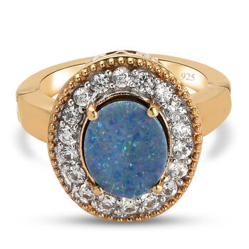 Boulder Opal Triplette und Zirkon-Ring, mit magnetischem &Ouml;ffnungsmechanismus 925 Silber vergoldet (Gr&ouml;&szlig;e 16.00) ca. 2.51 ct