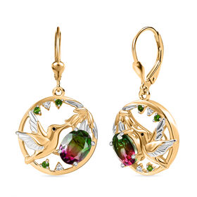 Nature's Kiss - D joy Wassermelonen Quarz Triplette, Natürlicher Chromdiopsid Ohrringe 925 Silber platiniert und vergoldet ca. 2,78 ct.
