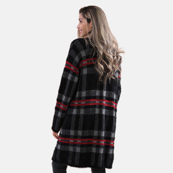 LA MAREY lange Strickjacke, Karomuster, Grau und Schwarz image number 2