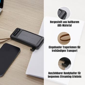 10.000 mAh Powerbank mit LED-Taschenlampe, 4 integrierten Kabeln, 14&times;6,8&times;2 cm, Schwarz