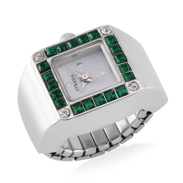 STRADA - Ringuhr mit Neongrüner Kristall und Weißkristall, Japanischem Uhrwerk, 7.5 cm, Reiner Edelstahl image number 0