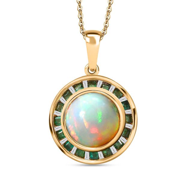 AA Nat&uuml;rlicher, &auml;thiopischer Welo Opal, Smaragd Anh&auml;nger mit Kette, 925 Silber 750 Gelbgold Vermeil ca. 3.40 ct