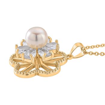 Wei&szlig;e S&uuml;&szlig;wasser Perle (6-8 mm), Wei&szlig;er Zirkonia Anh&auml;nger mit Kette, ca. 50 cm + 5 cm Extender, Nickelfreies Messing, Reines Kupfer vergoldet