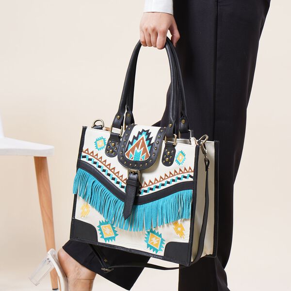 Handgefertigte Umhängetasche aus Echtleder mit Stickerei, Fransen und geometrischem Muster, Magnetverschluss, 28x24x18cm, Weiß image number 3