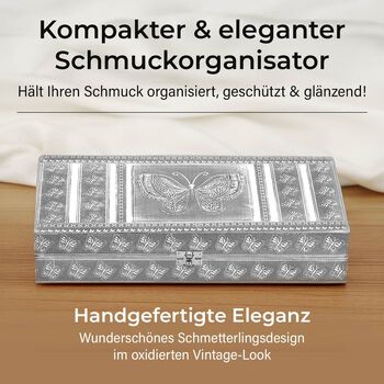 Handgefertigte, oxidierte Schmuckschatulle mit Schmetterling-Pr&auml;gung, 38x20x7,6 cm, Silber