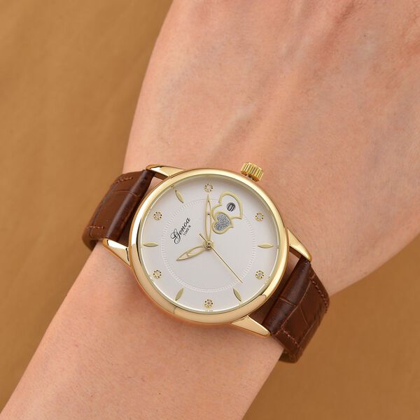 GENOA - Automatik-Armbanduhr mit Herz-Design und Datumsanzeige, Dandong-Uhrwerk, Weißes Zifferblatt, Goldfarben, Brauners Lederarmband, 36 mm image number 2