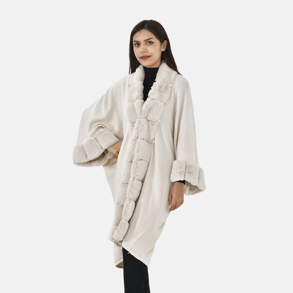 LA MAREY - Stilvoller langer Mantel mit Kunstpelzrand, 108x100cm, creme image number 3