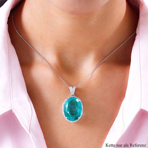 Smaragd-Triplett-Quarz und Zirkon-Halo-Anh&auml;nger mit Kette in Silber, 34,29 ct image number 2