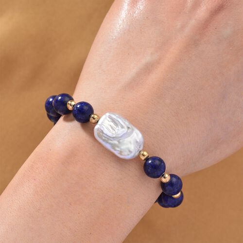 Lapislazuli, Weiße Keshi Perle Armband ca. Flexibles cm Standard gelb vergoldet 55.00 ct image number 1
