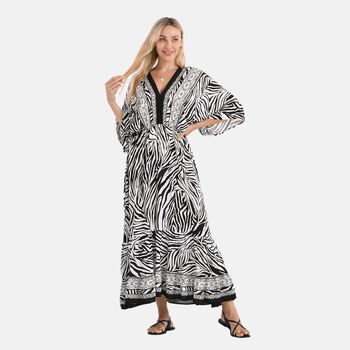 Maxikleid mit Zebraprint, V-Ausschnitt, elastischer Taille und R&uuml;ckenschleife, 38&times;135 cm, Schwarz-wei&szlig;