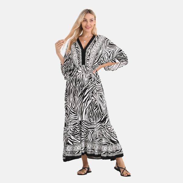 Maxikleid mit Zebraprint, V-Ausschnitt, elastischer Taille und Rückenschleife, 38×135 cm, Schwarz-weiß image number 4