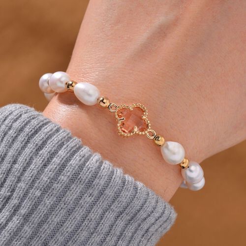 Glas, Weiße Süßwasser Perle Armband BR-Stretch Standard gelb vergoldet image number 1