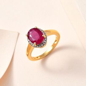 Afrikanischer Rubin (Fissure gefüllt), Weißer Diamant Ring, 925 Silber Gelbgold Vermeil (Größe 17.00) ca. 2.69 ct