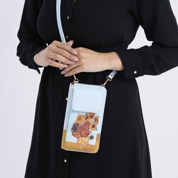 PU Handytasche mit RFID-Schutz, 20x11x2cm, Blau mit Sonnenblumen-Muster