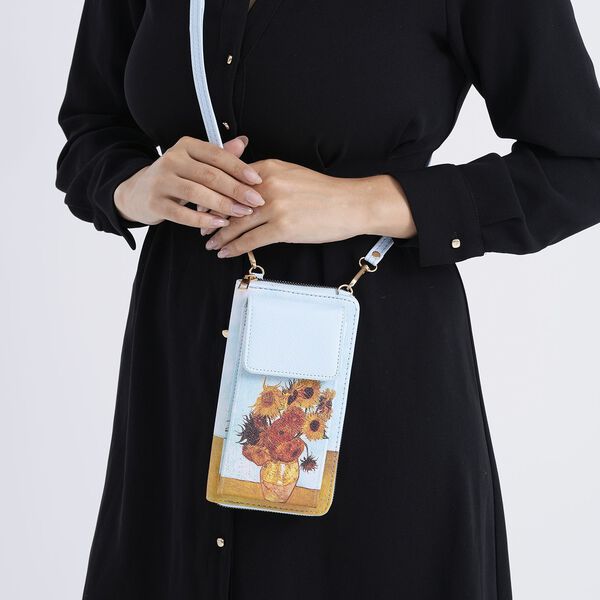 PU Handytasche mit RFID-Schutz, 20x11x2cm, Blau mit Sonnenblumen-Muster image number 4