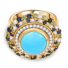 Aqua Kieselblüte AA Sleeping Beauty Türkis, Blauer Saphir Ring 925 Silber 750 Gelbgold Vermeil (Größe 21.00) ca. 5.86 ct