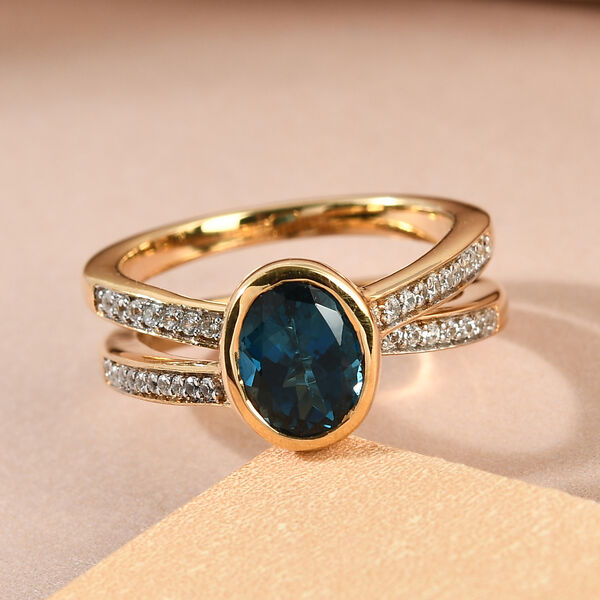 London Blau Topas und Zirkon Solitär-Ring in 925 Silber vergoldet image number 2