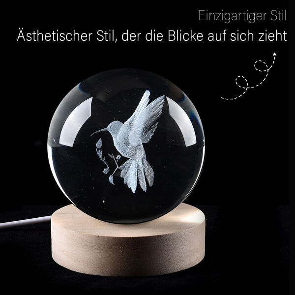 3D Kristallkugel mit LED-Licht und Holzsockel, Pusteblume image number 2