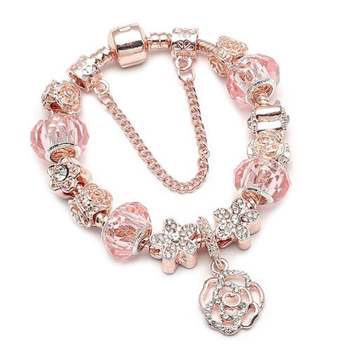 Designer-inspiriert Charm Armband - Rosafarbenes Murano-Glas mit Weißer Kristall, Messing rhodiniert, 19 cm, Rosa image number 0