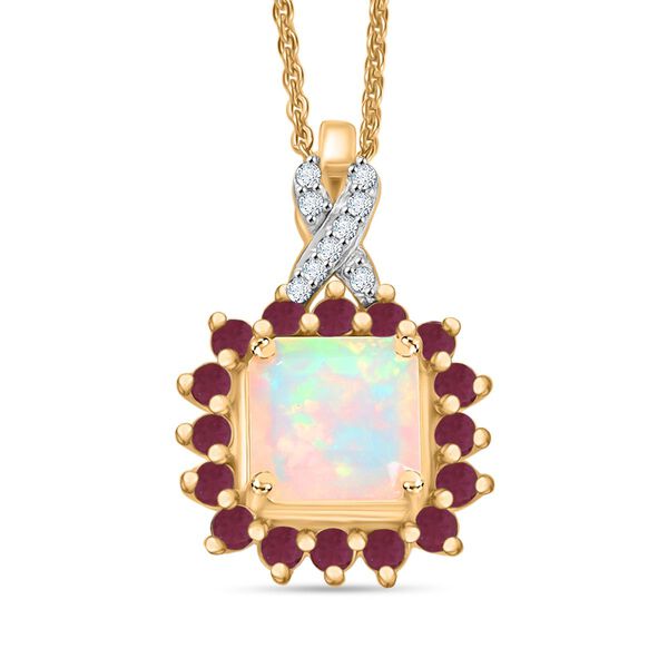 D'Joy Nat&uuml;rlicher, &auml;thiopischer Welo Opal, Niassa Rubin und Moissanit Anh&auml;nger mit 50cm Kette - 1,63 ct.