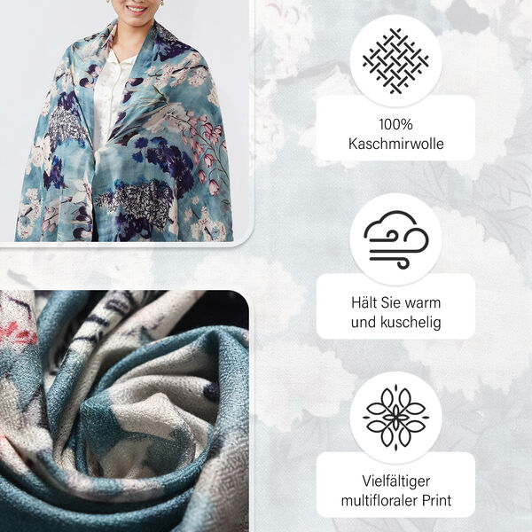 LA MAREY Schal aus 100% Premium-Kaschmir mit Digitaldruck, 70x200cm, graublau gebl&uuml;mt image number 4