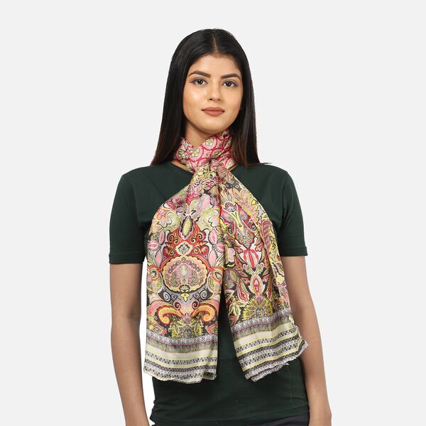 100% nat&uuml;rlicher Satin Seiden Schal, 165x50 cm, Arabeske Muster, Beige image number 3