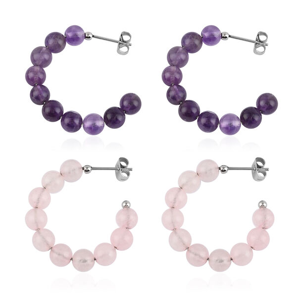 2er-Set Amethyst und Rosenquarz Ohrringe  Edelstahl ca. 52,50 ct