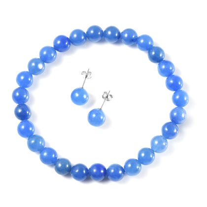 2er-Set flexibles, blaues Jade-Armband, 19 cm, und Ohrstecker, 925 Silber rhodiniert ca. 126,00 ct